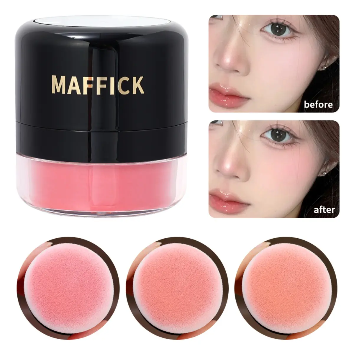 MAFFICK 3Colors Face Blush Powder with Puff  makeup Lasting Matte Mineral Cheek Cream Red Rouge Natural Blush Palette Cosmetic mac glow Clear    waterproof red blush