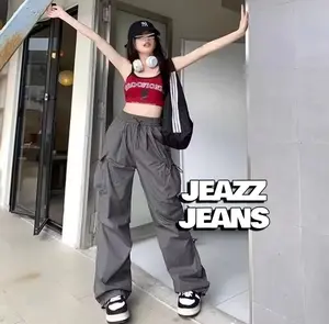 (Beli 1 gratis 1)Celana Kiya Cargo Pant Serut Kulot Highwaist Wanita Casual Kain Katun Bukan Linen - Drill Vintage Style celana cargo tali samping Loose Fit Kantong Santai Navy Standar Max 100kg Panjang non Stretch Formal