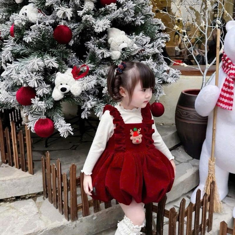   5-18kg   375 Set VÁY DẠ NHUNG TUẦN LỘC & ÁO THUN TĂM  Mềm Mịn Ấm Áp Phù Hợp Cho Tết & Noel cho bé gái 