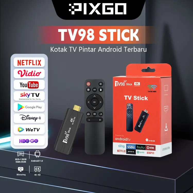 【PixGo Projector】TV98 Smart TV Stick  4K 5G WiFi 8GB+128GB Android 12.0 HD Media Player Set-top Box Android Google Assistant Netflix