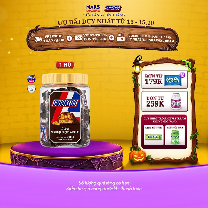 [DIỆN MẠO MỚI 20 THANH] Hũ kẹo sô cô la nhân đậu phộng Snickers jar 240g (20 thanh x 12g)