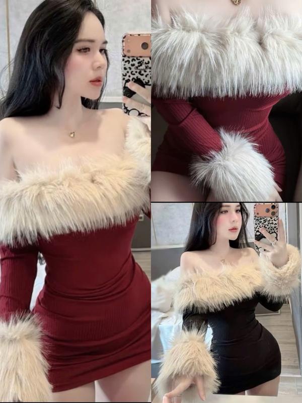 VÁY BODY LEN TRỄ VAI PHỐI LÔNG 2 MÀU SIÊU SANG BY NGÂN LINH