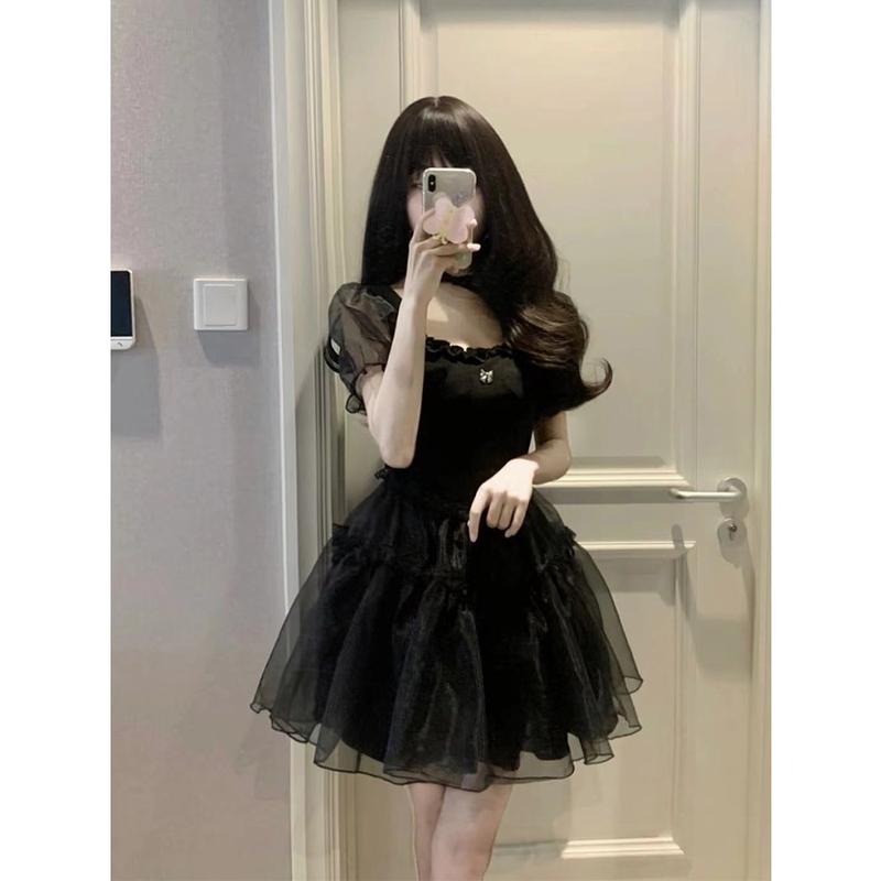 Váy Cổ Điển Kiểu Pháp, Tình Yêu Đầu Tiên, Đen, Dễ Thương Và Gợi Cảm, Tay Phồng, Nhỏ Màu Đen 3