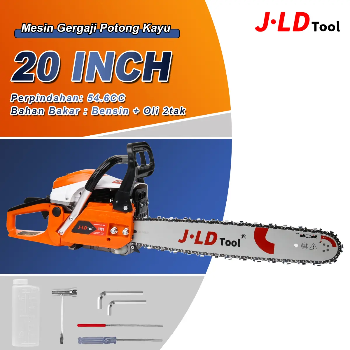 JLD Mesin Gergaji Potong Kayu Bar Chain Saw 20inch 54.6CC 2Tak Gardan Baja 2200W 11500 RPM Mesin Senso Jepang Listrik Mobil Motor Nano Oli Rantai