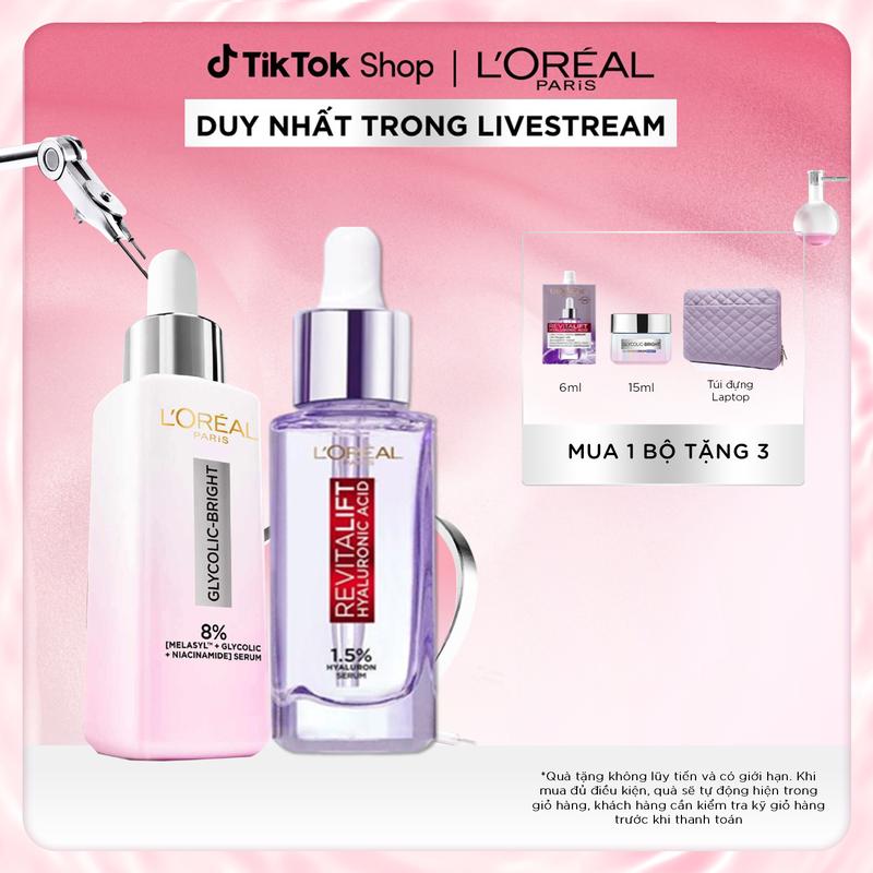 Bộ 2 Serum sáng da Glycolic Bright 1.0% Glycolic Acid 30ml & Serum siêu cấp ẩm sáng da Revitalift Pure Hyaluronic Acid 1.5% 30ml L'Oreal Paris