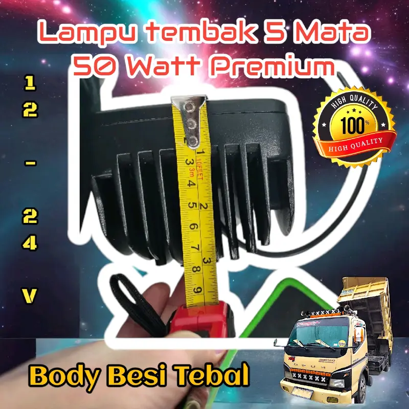 Lampu tembak 5 mata Dotrex 50 Watt. LED Grade AAA High Quality. Bisa dipakai 12 & 24 Volt Nyala Terang. Tahan Air dan Body besi kokoh tebal. Car 4