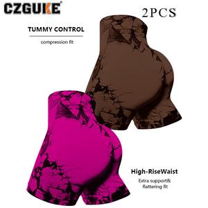CZGUKE pantalones de fitness sin costuras con tie-dye para mujer, shorts deportivos ajustados de cintura alta con efecto realce de glúteos, shorts ajustados sexys para correr y yoga con forma de melocotón, conjunto deportivo de dos pzas