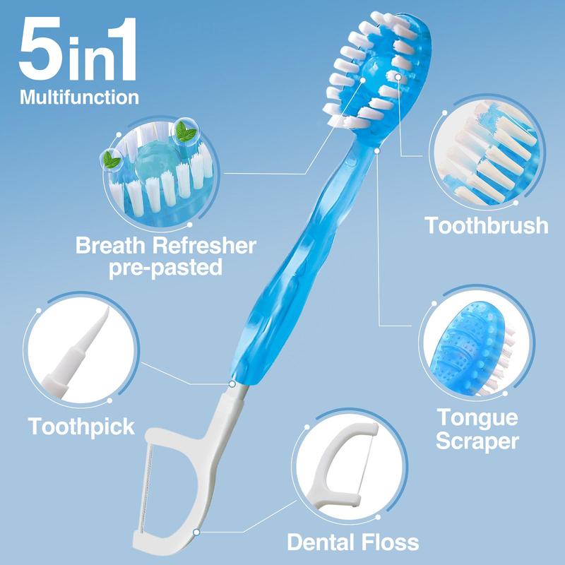 Disposable Mini Travel Toothbrush, 40pcs 5 in 1 Pre-pasted Toothbrush & Floss & Pick & Tongue Scraper, Portable Individual Pack for Travel, Breath Freshener Bead with Ice Flavor, No Water Or Rinsing, Floss Glide Easily, for Adult, Mouth Hygiene Kit 2