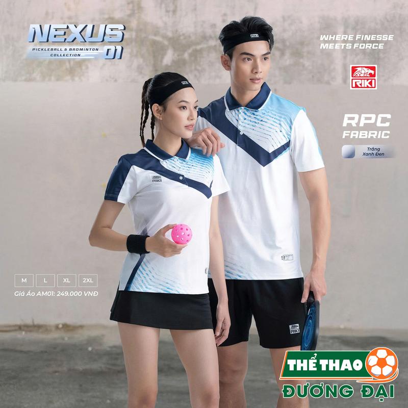  Áo Cầu Lông Pickleball Riki Nexus 01 Trắng Xanh Đen Thun Mè RPC Thoáng Khí Thể Thao Đương Đại 