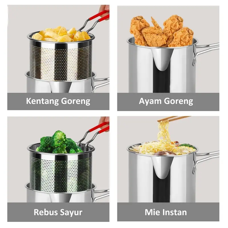 [LXS] Panci Multifungsi 3 in 1 Multi Deep Fryer Set Panci Penggorengan Rebus Stainless Steel Saringan Capitan Klip Makanan 2
