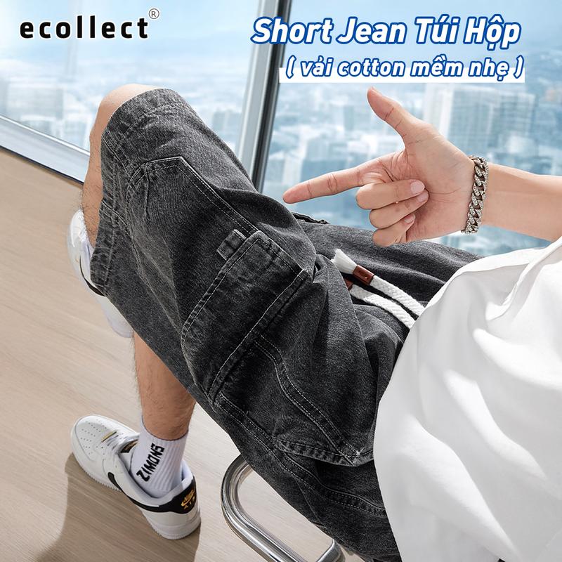 Quần Short Jean Nam Cargo ECOLLECT QS35 – Denim nhẹ thoáng, phom rộng ngang gối, dây rút tassel