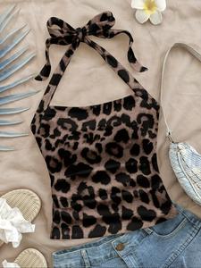 Top casual de moda para mujer, estilo halter, con estampado de leopardo, tirantes ajustables, sin mangas, ropa de playa de verano, apto para todas las estaciones