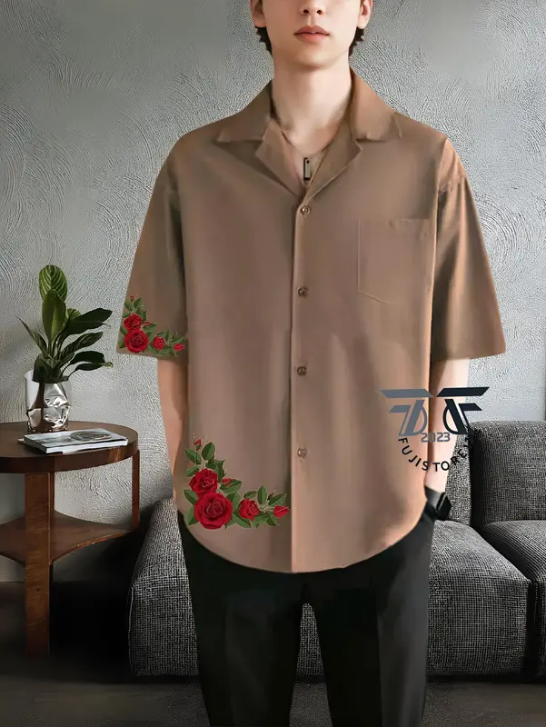 Kemeja Vintage Pria Lengan Pendek Polos Motif Hawai Roses Korean Style Bahan Katun - Kemeja Kerah Piyama 6