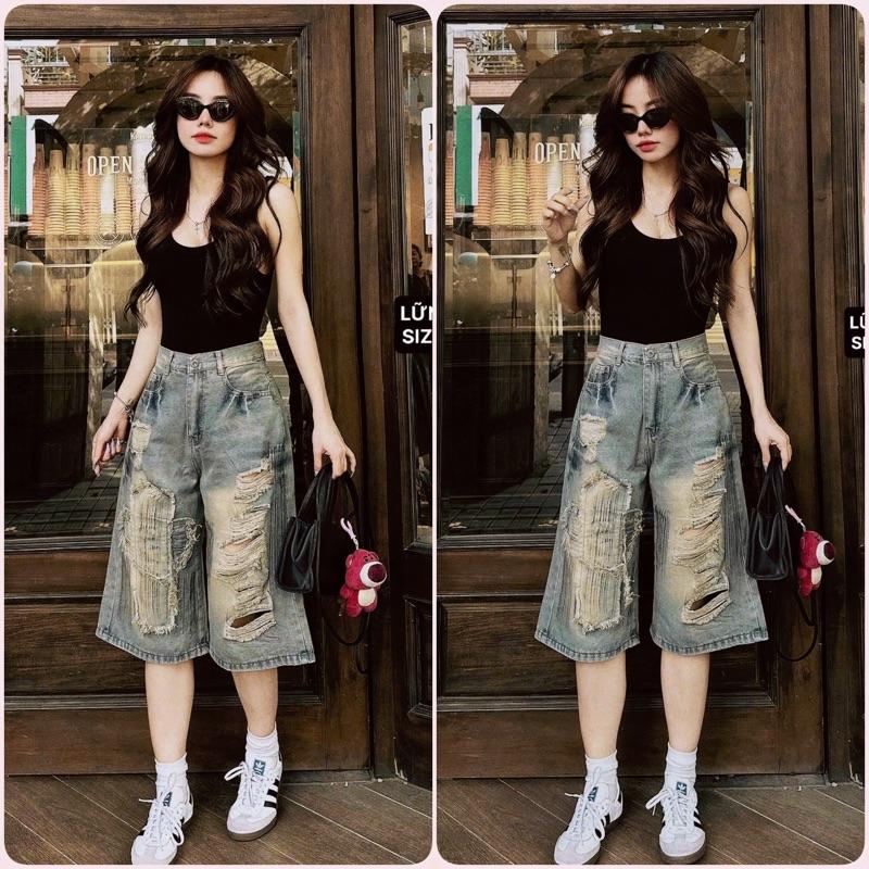 S - 2XL Quần Jeans Lững Nữ Lưng Cao Chữ Thập 2 màu chất jean mềm nhẹ không giản 9047