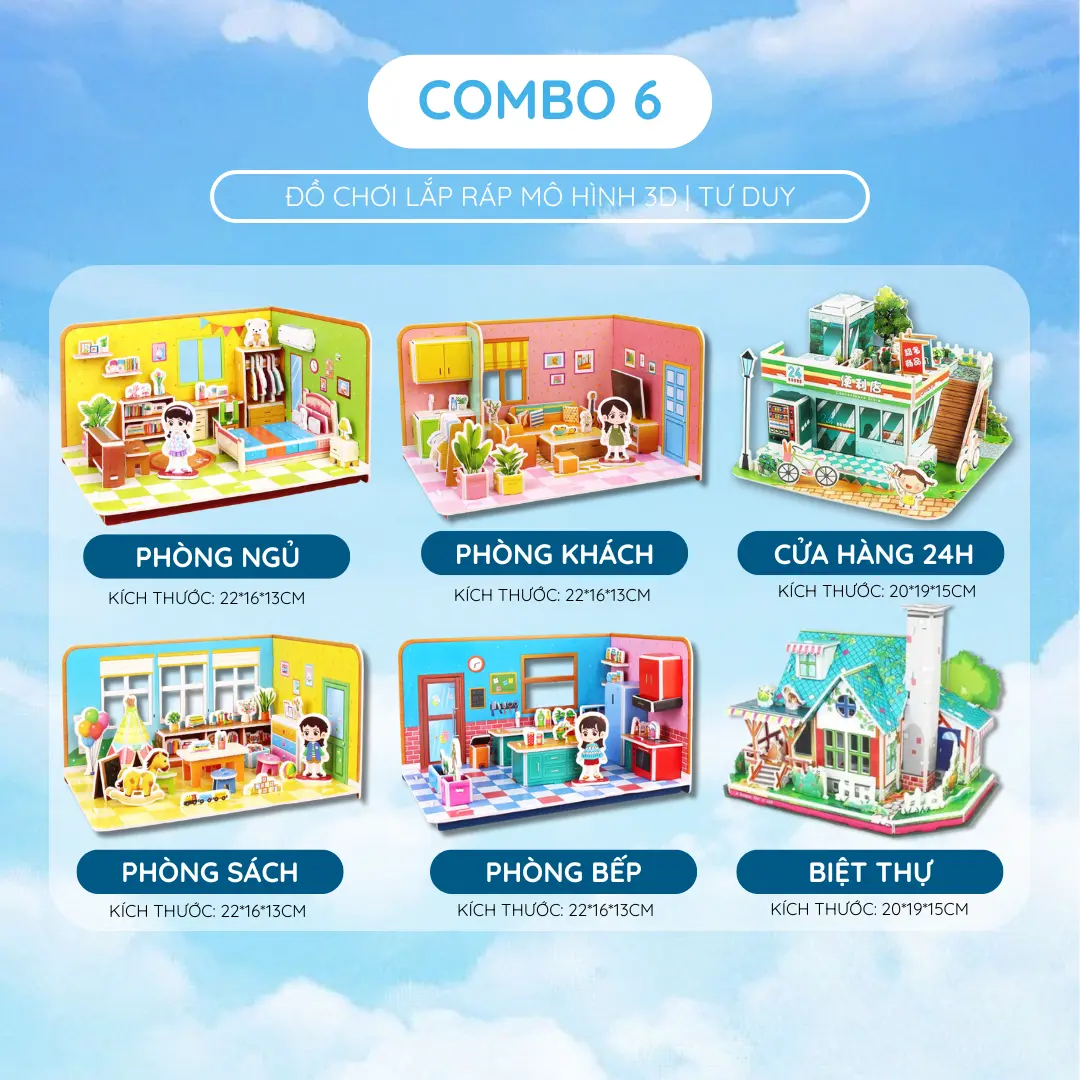 ( SIZE LỚN )Combo 6 mô hình lắp ráp: 4 Căn Phòng + Biệt Thự Xanh + Cửa Hàng 24h | Mô Hình 3D Bằng Xốp Siêu Dễ Thương - Đồ chơi thông minh, phát triển tư duy cho bé