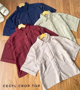 Cecyl Atasan Wanita Crop Top Polo Linen