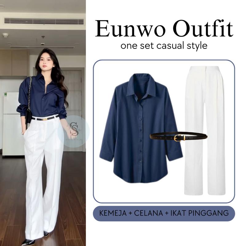 One Set 3in1 Kemeja Navy, Kulot BW, Ikat Pinggang - Setelan OOTD Casual dan Formal SS52 1