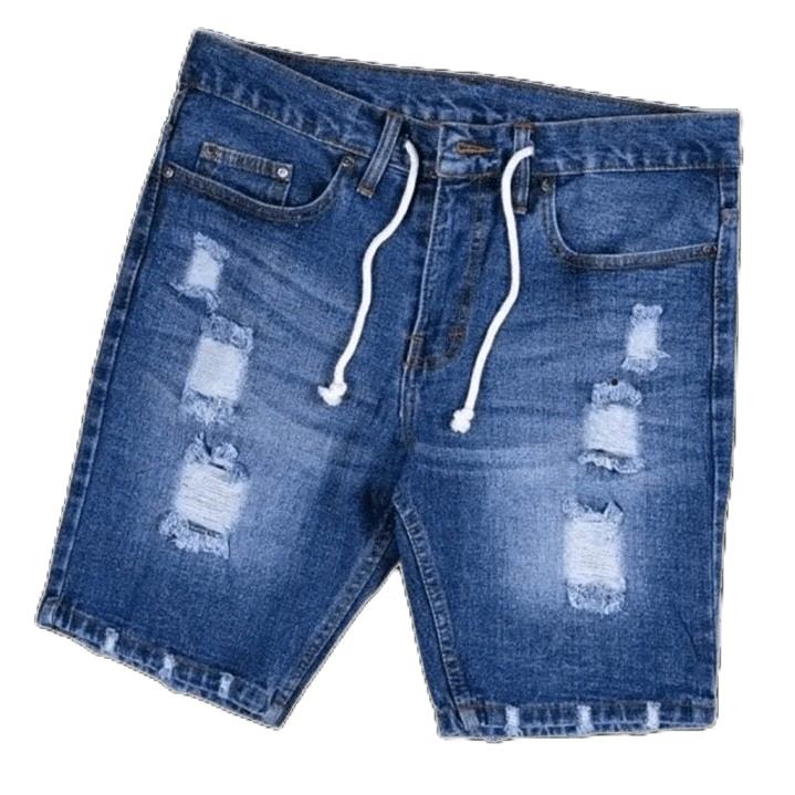 Celana Pendek Jeans Sobek Pria Dewasa Elegan Terbaru  Distro Denim Nyaman Fit Tebal Cowok Tali Panjang Ripped Slim Hitam 3