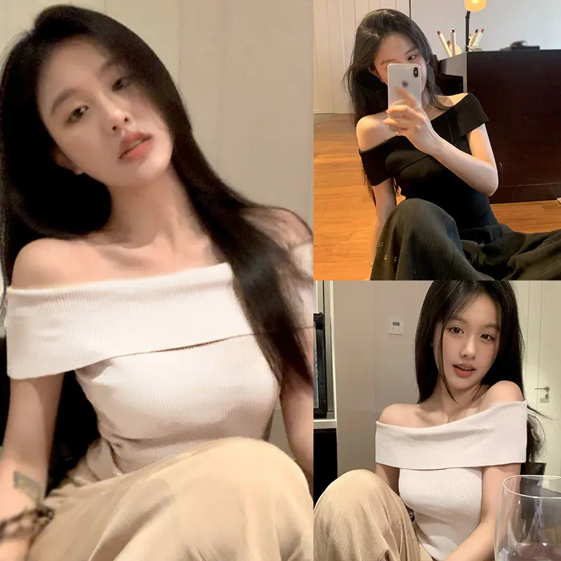 เสื้อถักผู้หญิง สไตล์เปิดไหล่ แขนสั้น เรียบหรู ทำจากผ้าไหมน้ำแข็งและเย็น ทรงเข้ารูป เสื้อคอตรงเซ็กซี่