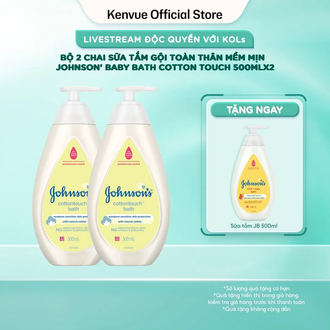 MUA 1 TẶNG 1 - Combo 2 Sữa tắm gội toàn thân mềm mịn Johnson's Baby Bath Cotton Touch 500ml x 2 | Cho Bé