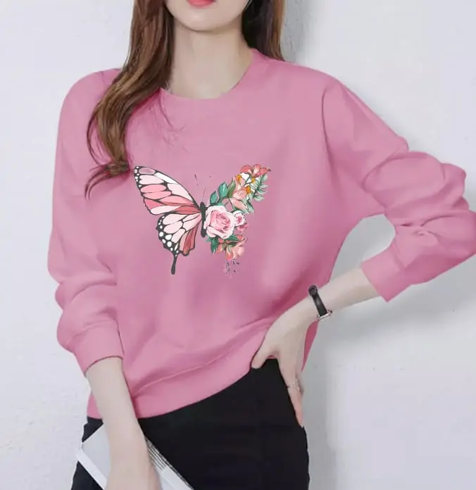 Kaos Atasan Wanita Dewasa Lengan Panjang Motif Kupu Bunga Kekinian Kaos Long Sleeve Crewneck Wanita Sablon Cetak Print DTF