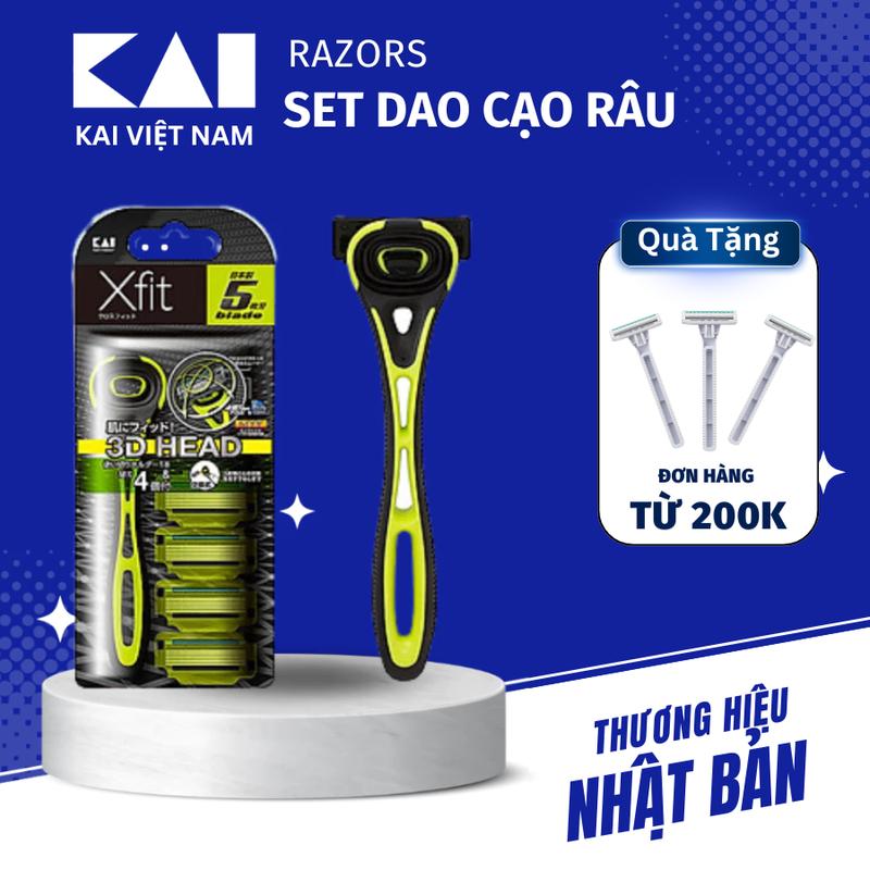 Dao Cạo Râu Kai Xfit 5 Blade Cao Cấp Nhật Màu Xanh Lá Có 4 Đầu Thay Và Nắp Nhựa Bảo Vệ (Hộp Dài)