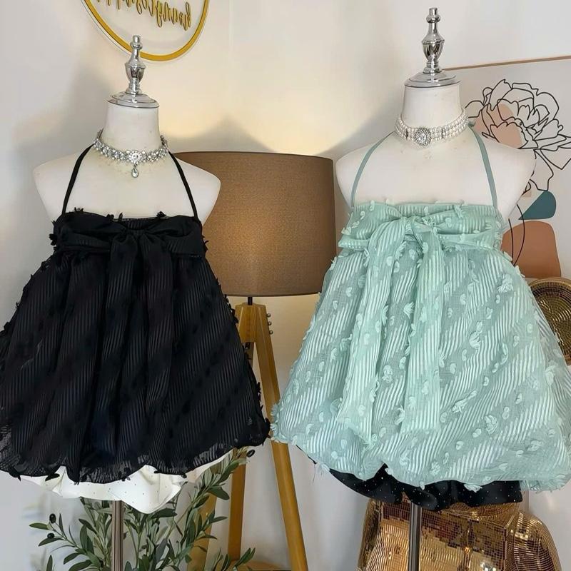 Áo Voan Lông cổ yếm dây cột thắt nơ ở giữa