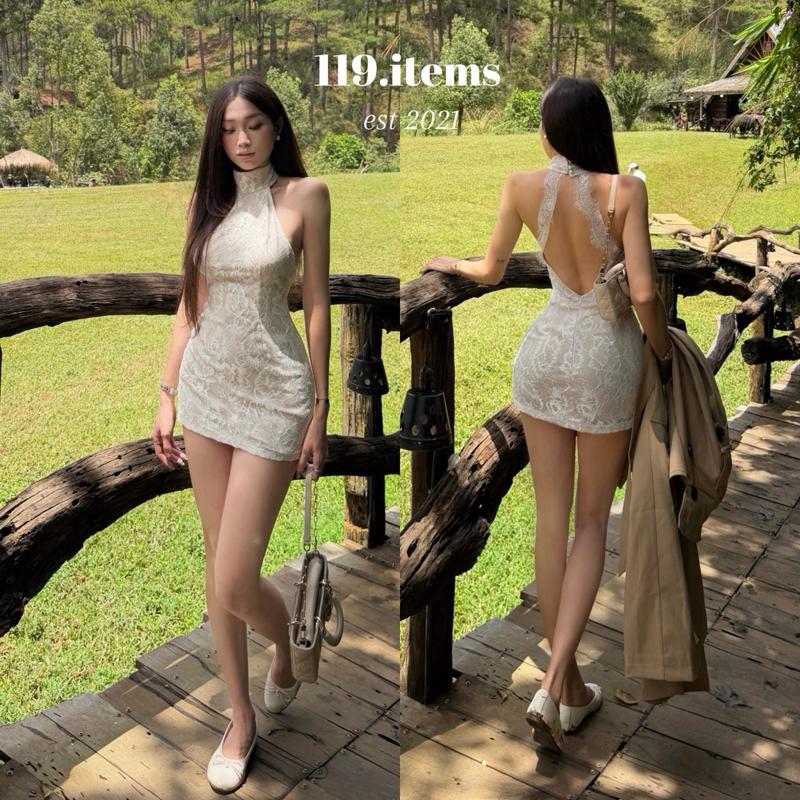 Đầm Zuri ren hoa cổ yếm, hở lưng 119.items (2 lớp) KHÔNG MÚT