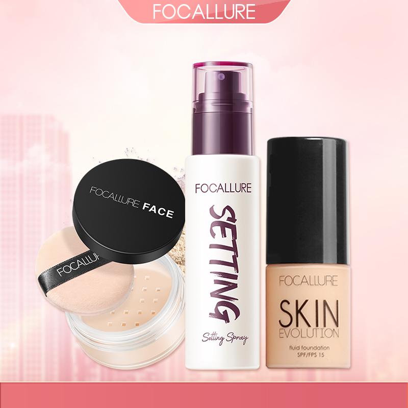 FOCALLURE Combo 3 Món Kem Nền Dạng Lỏng + Xịt Khóa Hỗ Trợ Cố ĐỊnh Lớp Trang Điểm + Phấn Phủ Hỗ Trợ Kiềm Dầu Phù Hợp Trang Điểm Hằng Ngày Cho Mọi Loại Da
