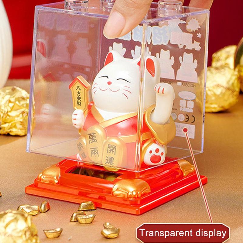 ✅New【Solar With Cover】Hand Waving Lucky Cat For Gift Shop Office Home Feng Shui Fortune Decor 5