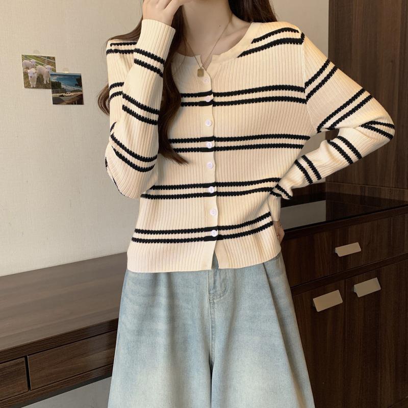 Áo Cardigan Dệt Kim, Thời Trang Thường Ngày Cổ Tròn, Áo Len Cropped Xén, Dành Cho Nữ, Bộ Sưu Tập Mùa Xuân Và Mùa Thu, Với Thiết Kế Sọc 7