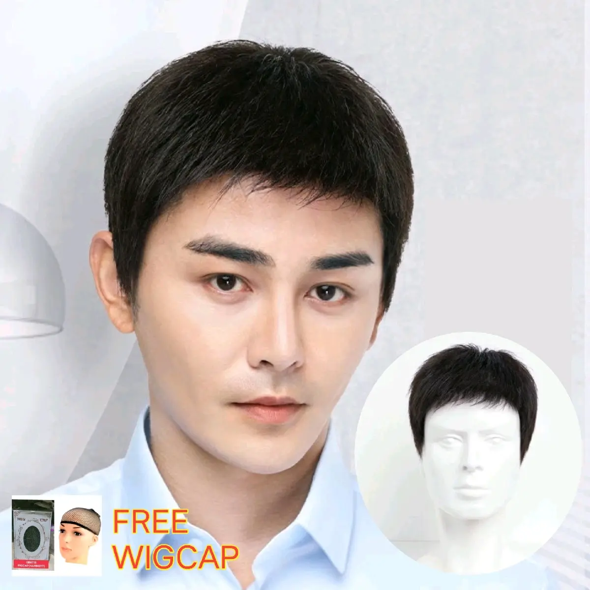 WIG PRIA RAMBUT PENDEK WARNA HITAM MODEL PRIA KANTORAN RAPI GRATIS WIGCAP