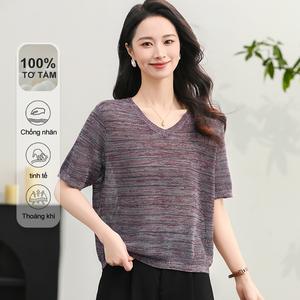 Áo len nữ MuMeng [100% lụa tơ tằm] cổ chữ V nhẹ, thoáng khí, sọc ngang, dệt kim, tay ngắn mùa hè, phù hợp cho công việc và mặc hàng ngày, chống nhăn, tinh tế, mã 5180