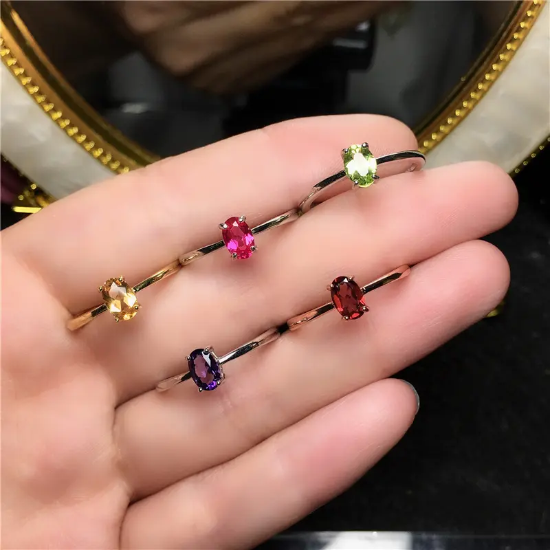 Real 925 Sterling Silver Ring for Women Gift Natural Gemstone Amethyst Citrine Garnet Peridot Red Corundum