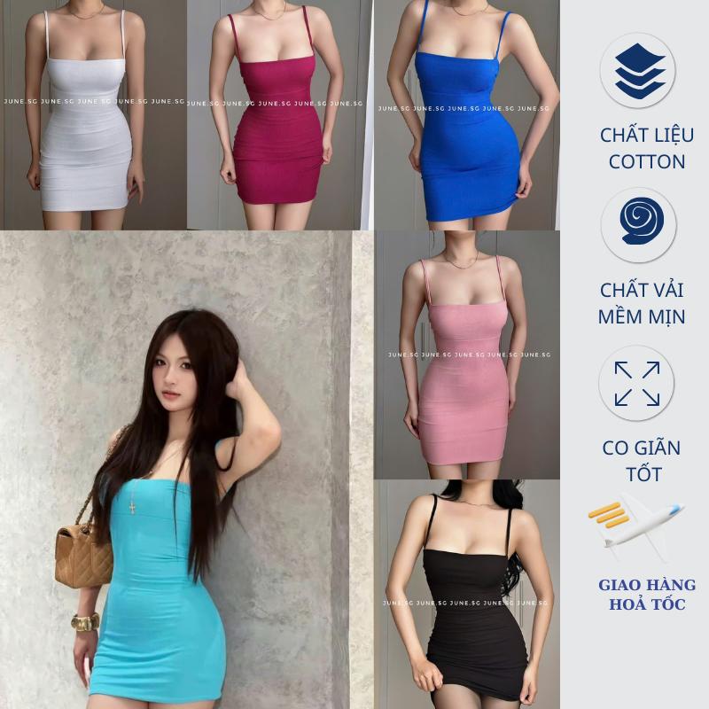  Đầm body 2 dây xanh ngọc ôm body chất thun gân co giãn 2 lớp JU.TOP váy 2 dây xanh ngọc D149   Nhiều Màu   