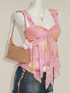 Blusa floral para mujer con dobladillo asimétrico, linda blusa de malla transparente estampada sin mangas para primavera y verano, estilo vacacional