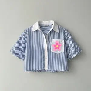 Kemeja Crop Stripe Anak Perempuan | Atasan Kekinian Bahan Katun Salur Untuk 5–16 Tahun Terbaru