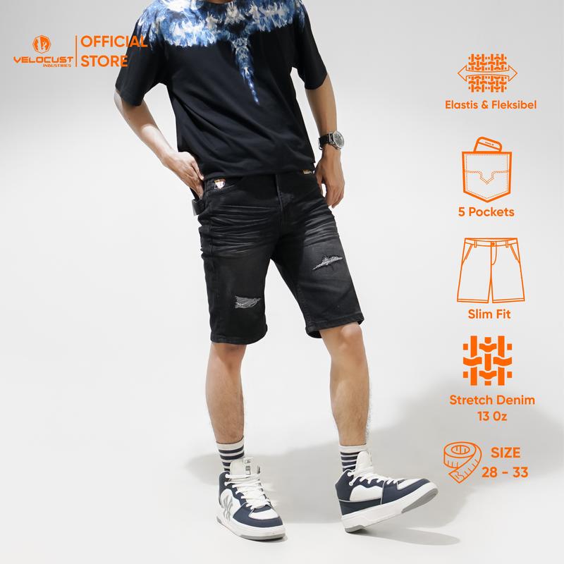 VELOCUST - Celana Pendek Jeans Pria Ripped Sobek Lapis Motif Slimfit Stretch Fleksibel Denim 13oz Black Dark Series Tebal Melar 0