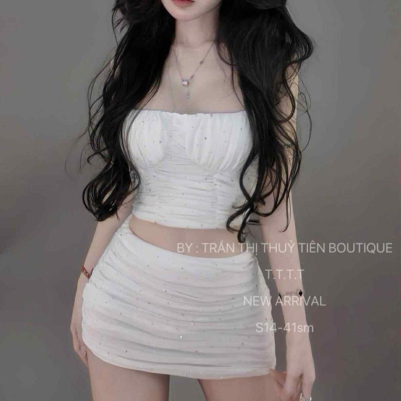  S11 Set Áo 2S Đính Đá Bling Kèm Chân Váy Nhún Sang Chảnh • NA TÍM Clothing 