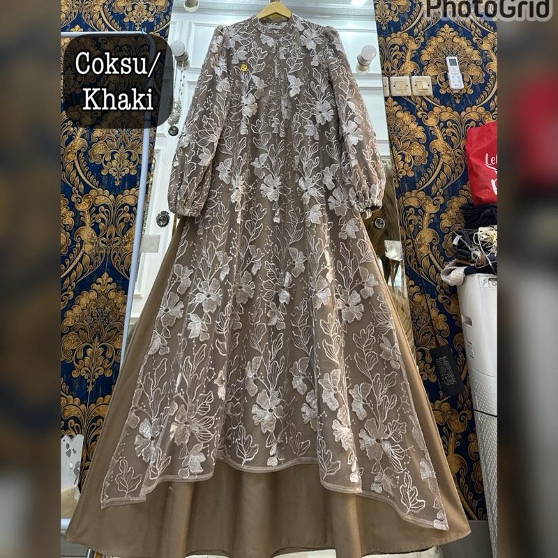 Queenasyari - Jasmine Dress (Hanya Gamis) Jumbo  Bahan Soft Twill Marbella mix Brukat Gamis Wanita Muslim  Lembut Maxi Panjang Mewah Pesta Kondangan Lebaran Trend 2026  Nyaman