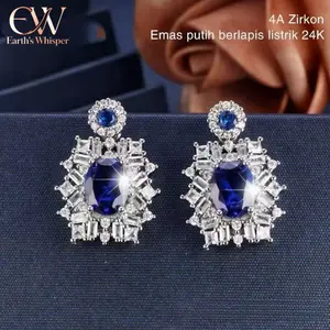 EW24KA02 4A kelas Klein zirkon biru bertatahkan berlian putih dilapisi emas putih 24K anting-anting gaya industri berat