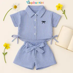 NOVARIA BAJU ONE SET - Setelan Anak Perempuan Stripe Shirt Kemeja Katun Salur Motif Bordir Pita Celana Fashion Nyaman Bahan Katun Premium