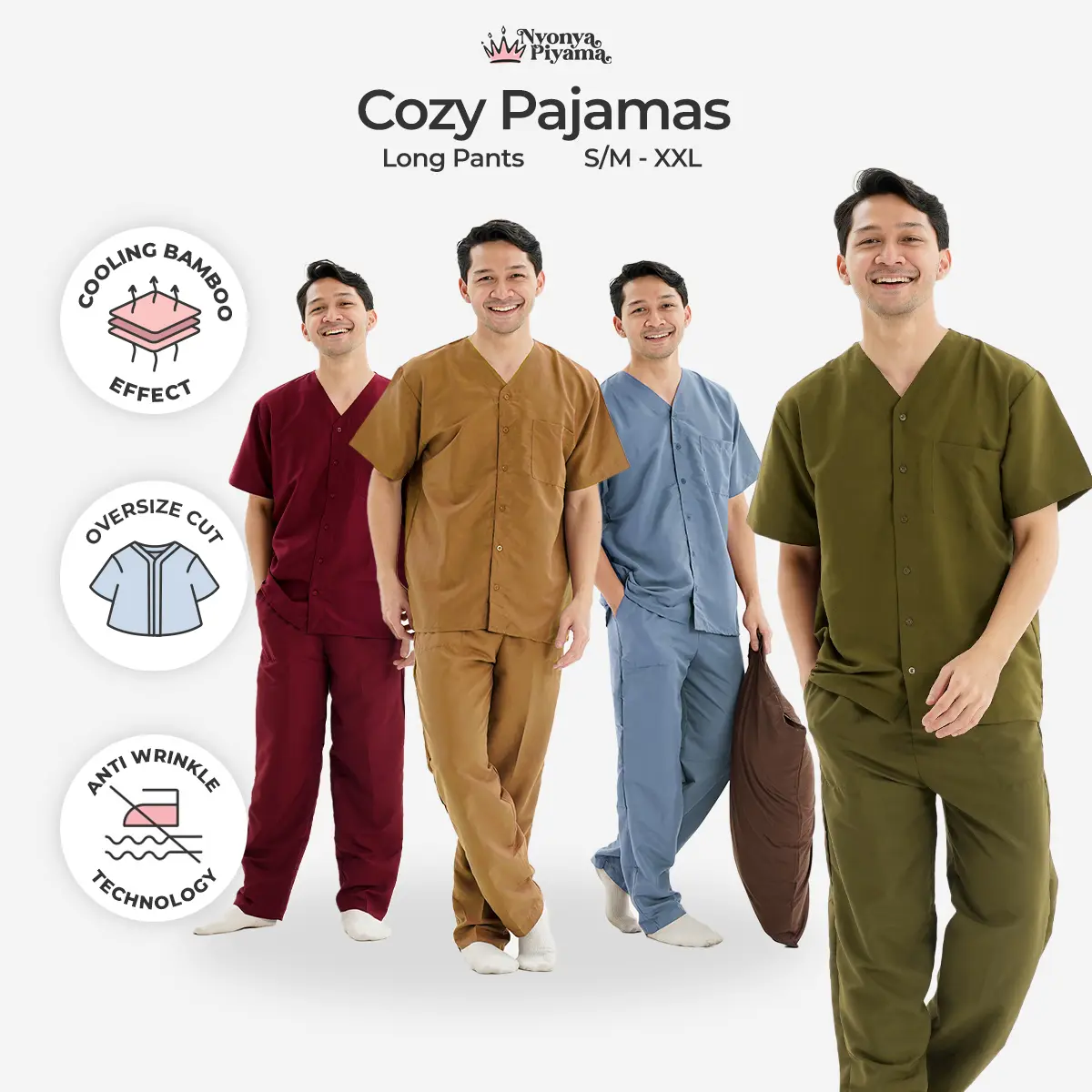 [BEST SELLER] Nyonya Piyama Poly Bamboo Oversized Cozy Set Celana Panjang Polos Pria