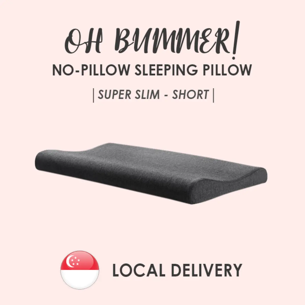 Oh Bummer! No-Pillow Sleeping Pillow - SUPER SLIM SHORT - Best Flat Pillow for Stomach, Back, or Side Sleepers (Dark Grey)