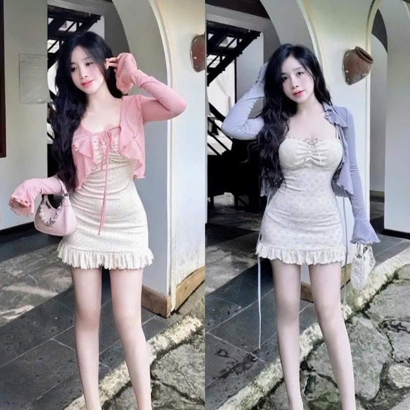  Váy nữ 2 dây ôm body cúp ngực viền bèo hoa nhí kèm áo khoác tay dài phối bèo ôm dáng dễ thương 