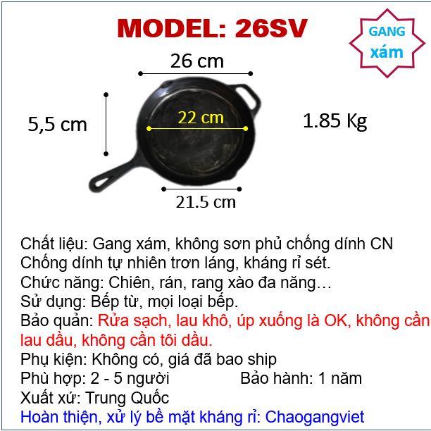 26SV chảo gang xám tay cầm sắt dài
