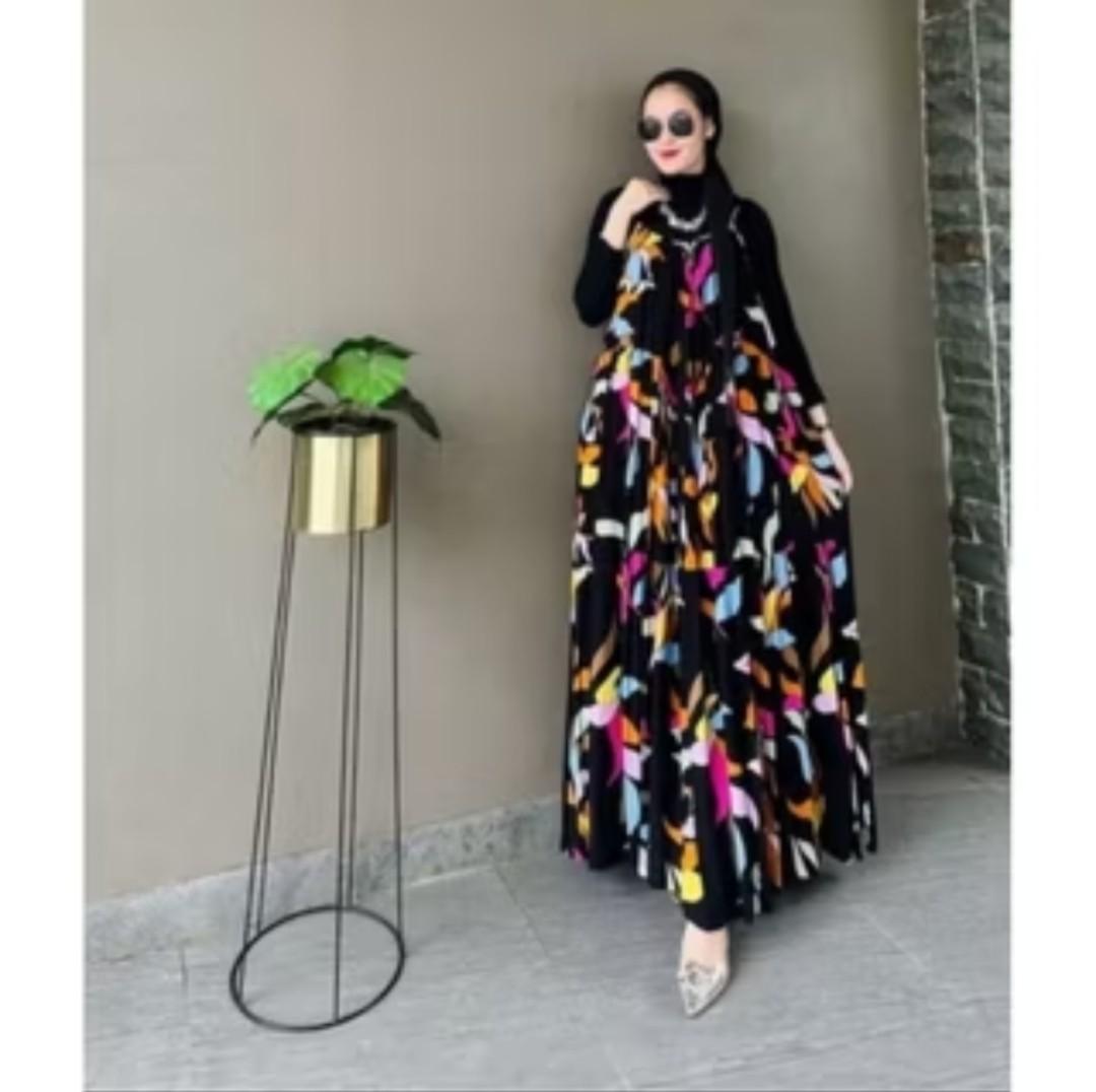 DRESS PANTAI MOTIF BUNGA BUNGA Wanita Muslim Rayon Maxi