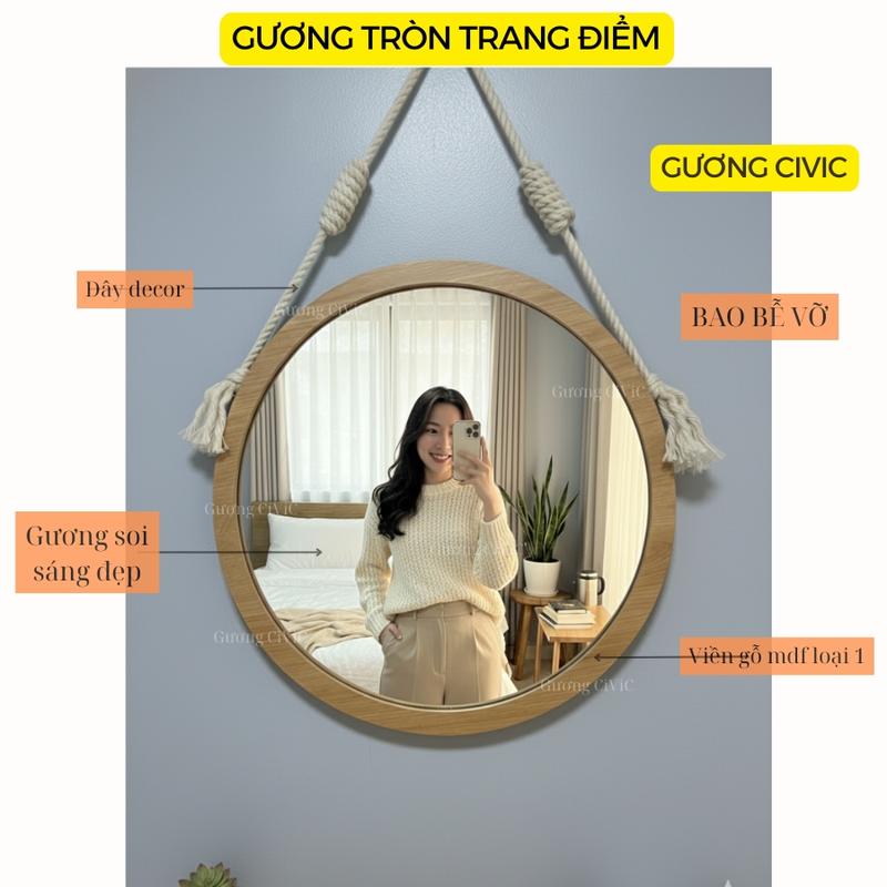 Gương tròn viền gỗ size 40cm Decor Phòng gương decor bàn trang điểm gương treo tường giá rẻ tặng dây thừng và đinh treo không khoan tường.