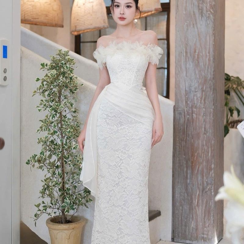 Váy thiết kế ren trễ vai hoa dáng ôm body dài - Như Quỳnh 549