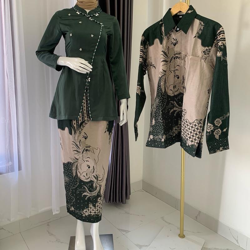 Set batik Couple seruni Hijau botol, Couple kondangan, batik Couple, kemeja rok dan tunik wanita 1
